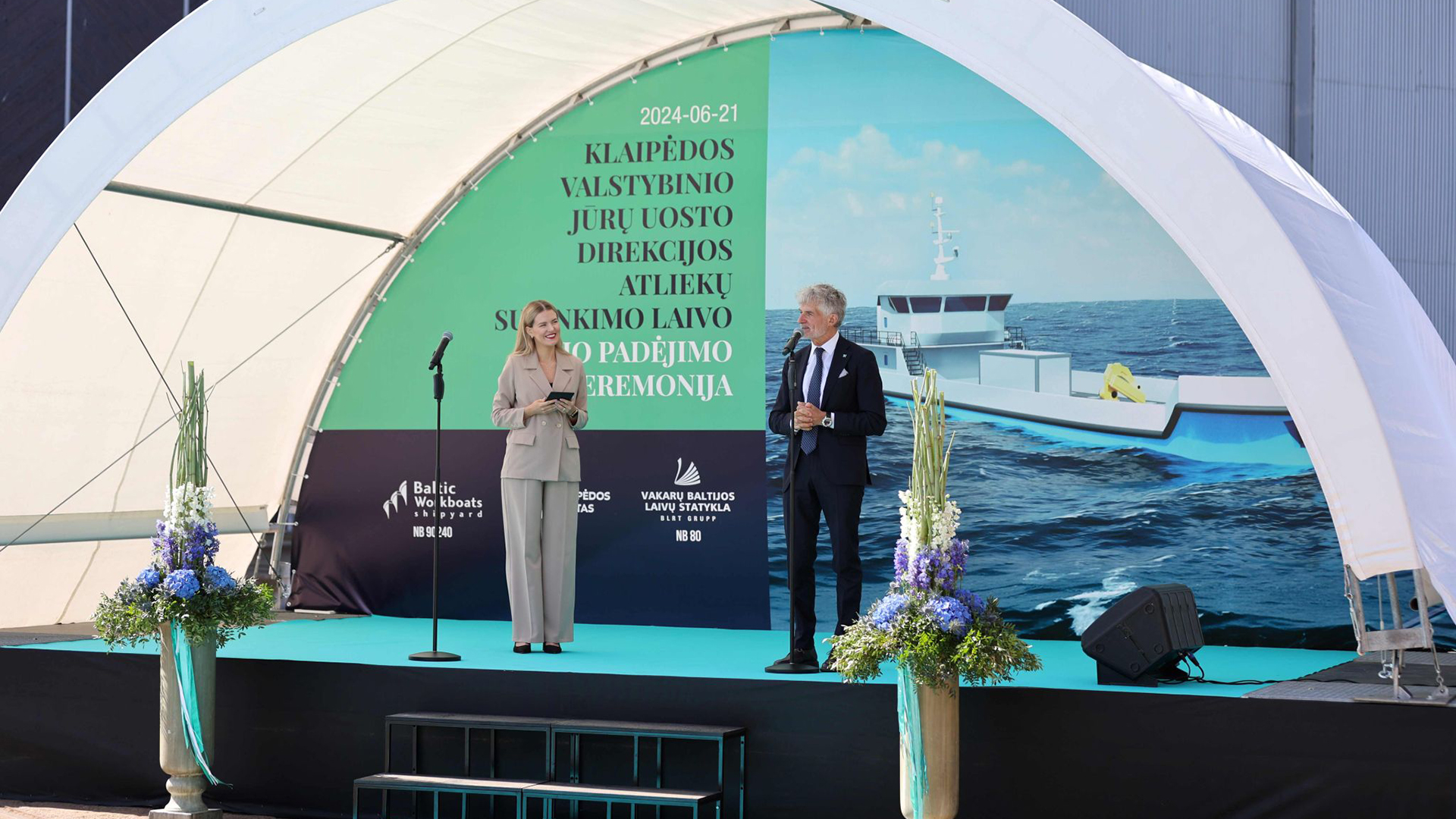 Boat launch press conference at BLRT Grupp: from left, host of the event and Algis Latakas, CEO of Klaipėda Port