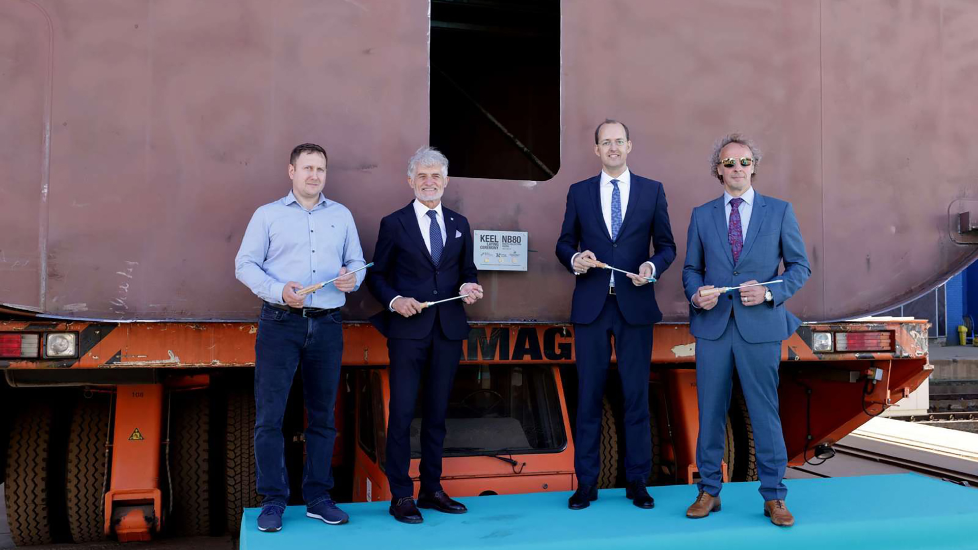 Keel-laying ceremony, BLRT Grupp: from left, Edvinas Petreikis, Project Manager, Western Baltija Shipbuilding (WBS), Algis Latakas, CEO, Klaipėda Port, Marius Skuodis, Minister of Transport and Communications of the Republic of Lithuania, Jüri Taal, Management Board Member of Baltic Workboats.